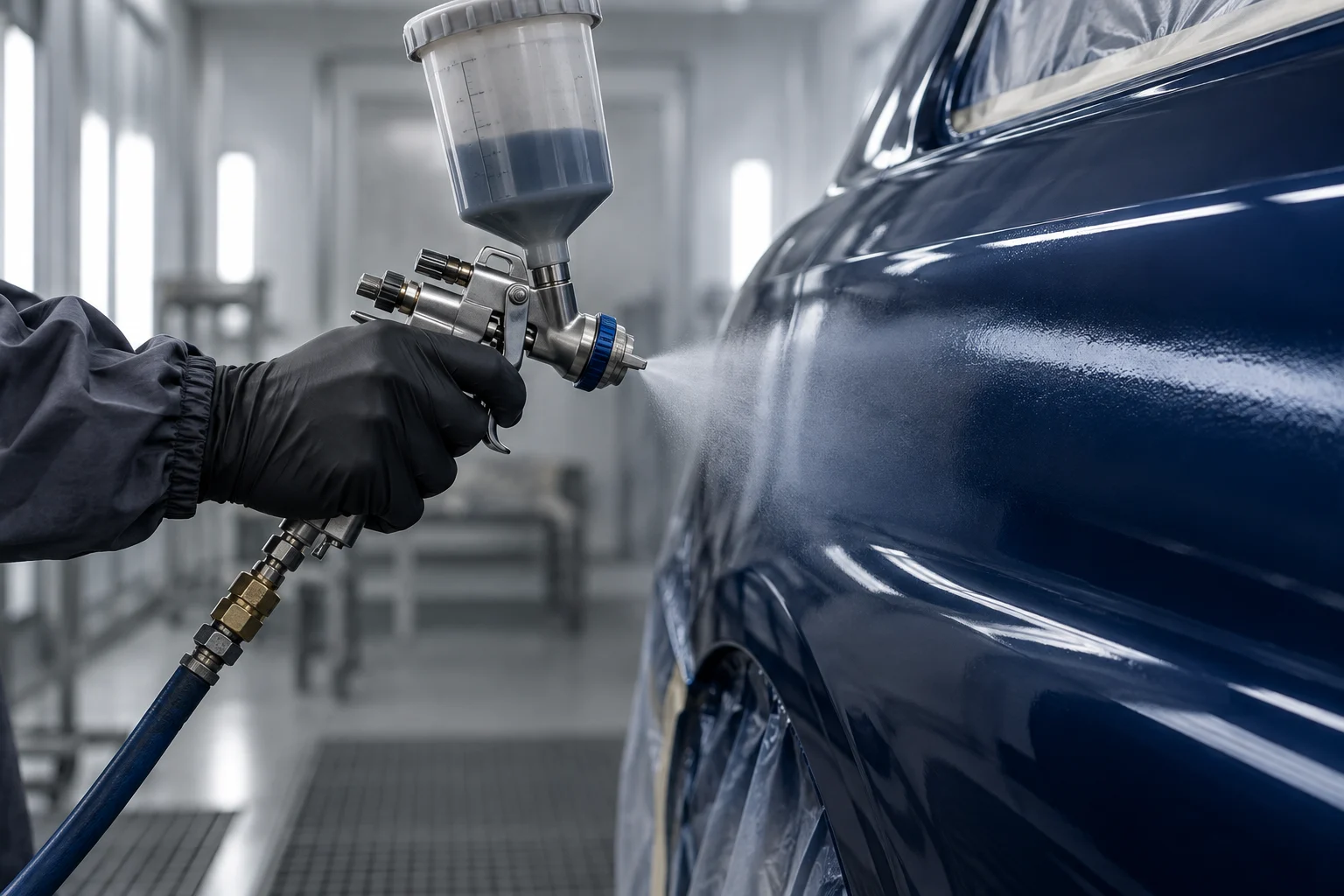 Verniciatura a spruzzo di un pannello automobilistico blu